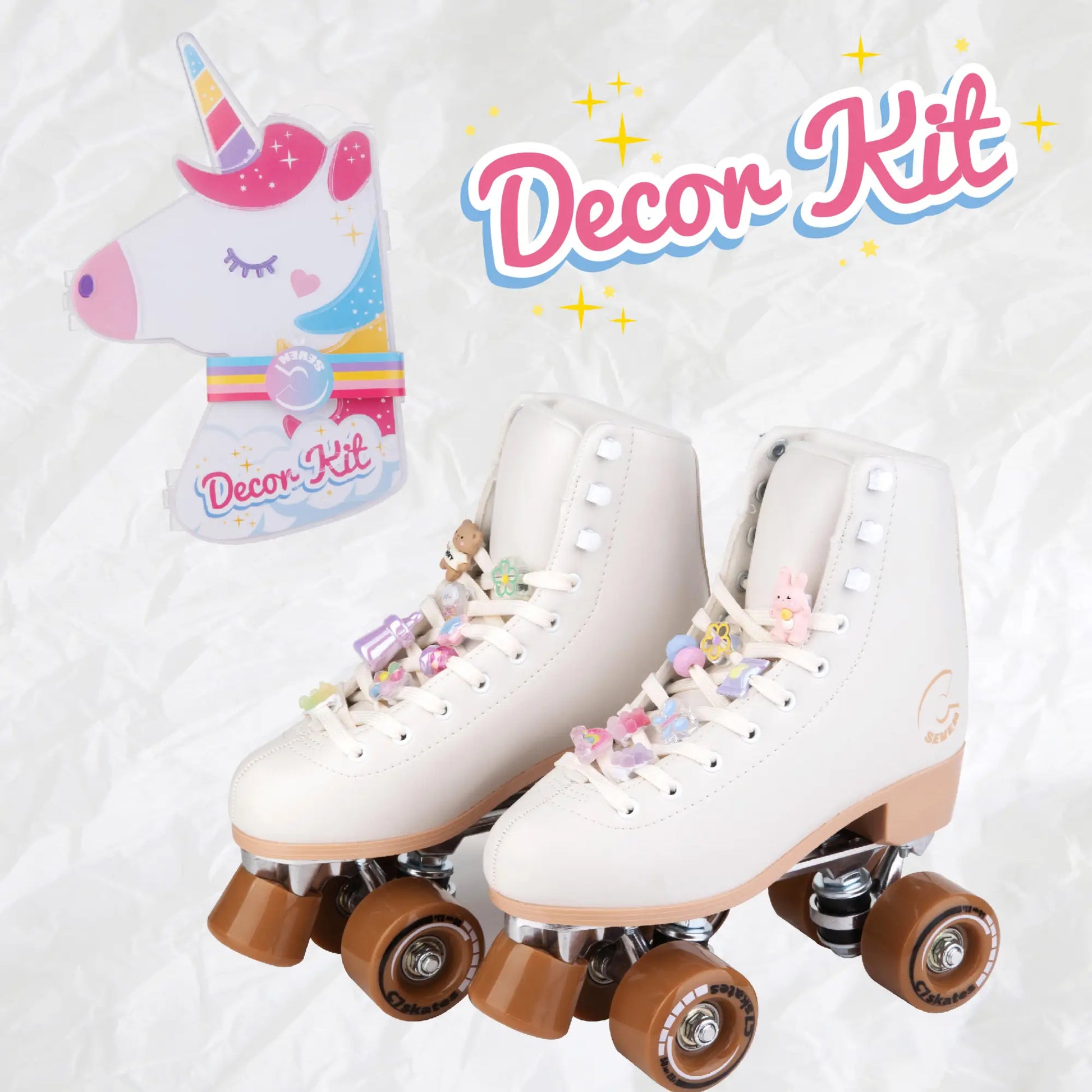 Decorative roller skates with unicorn-themed decor kit on a light background