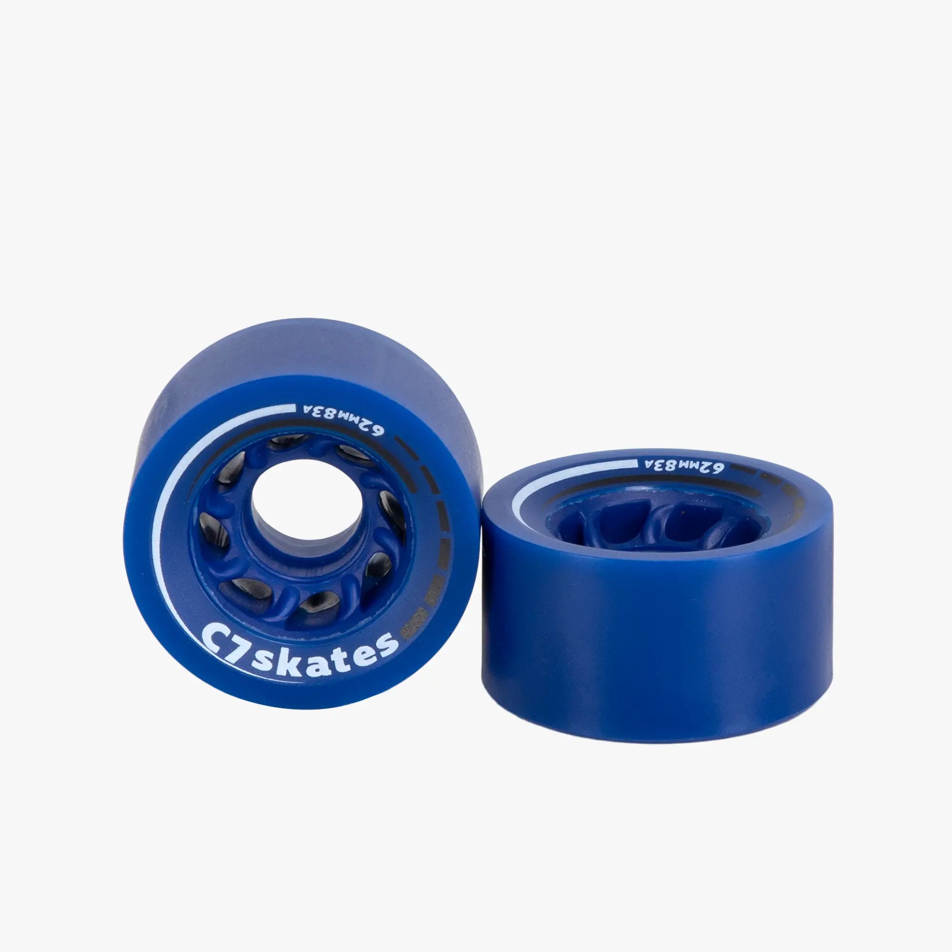 Two blue roller skate wheels with white bearings on a white background