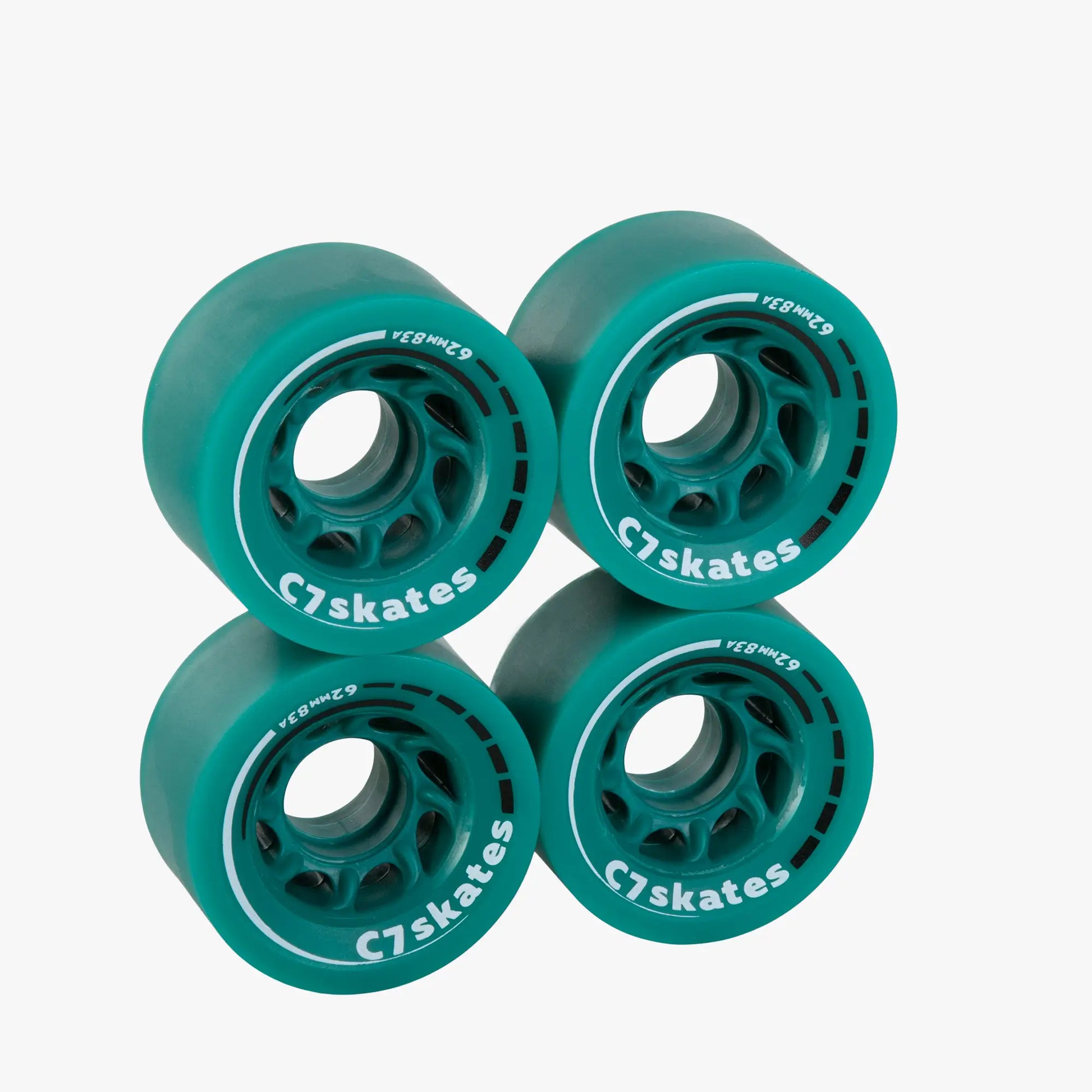 Four teal skateboard wheels with 'C7 skates' branding on a white background