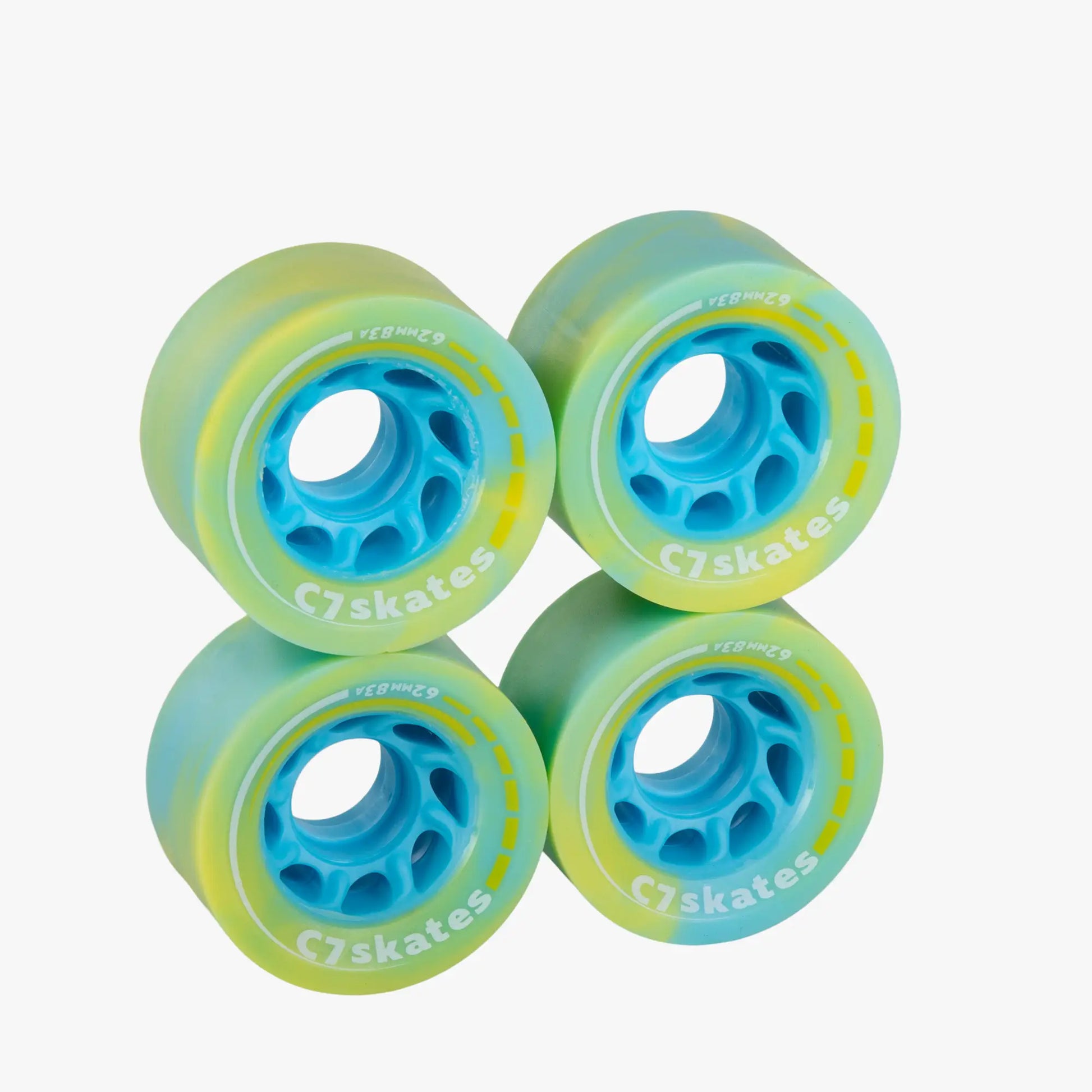 Four green and blue C7skates wheels on a white background