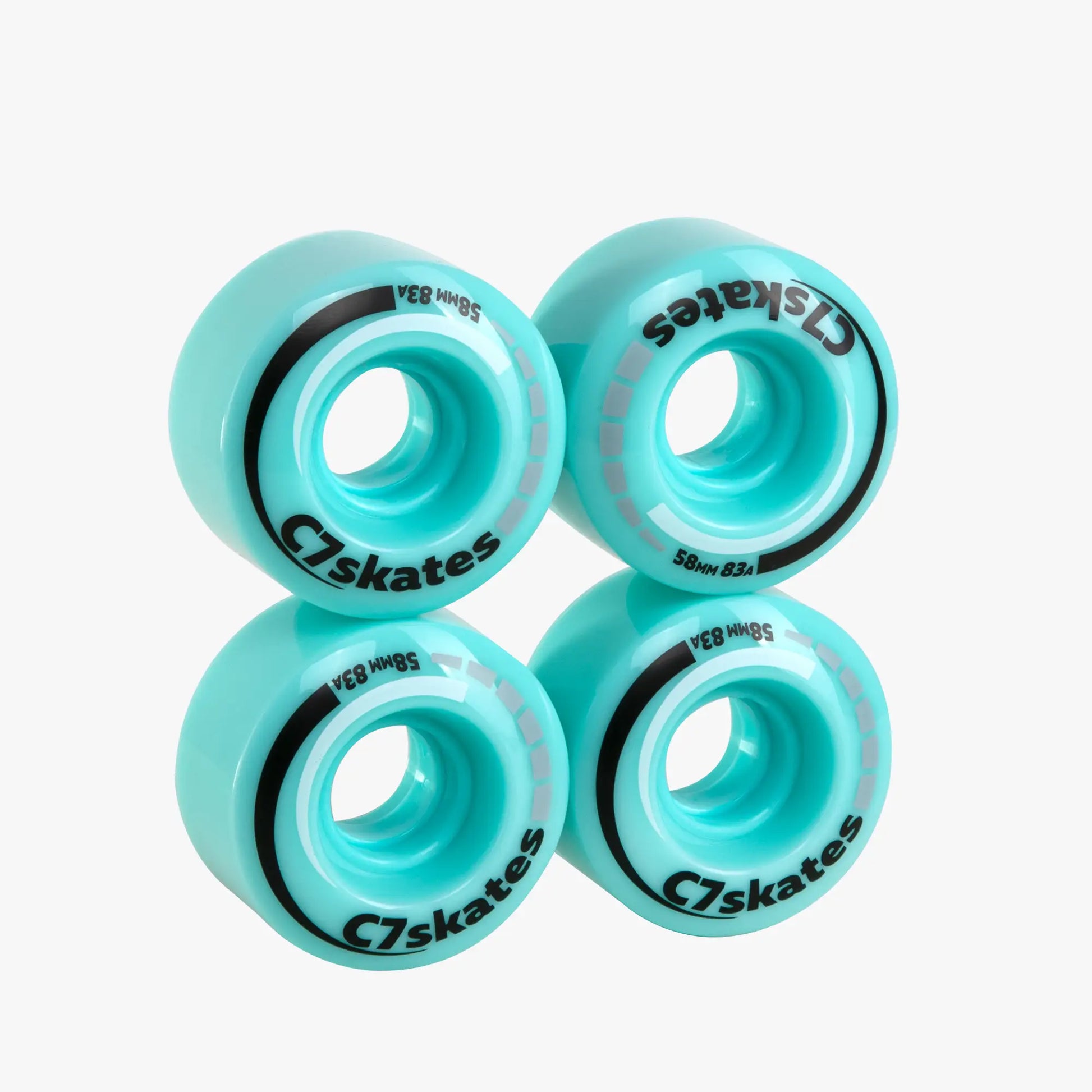 Four turquoise skateboard wheels with 'C7skates' branding on a white background