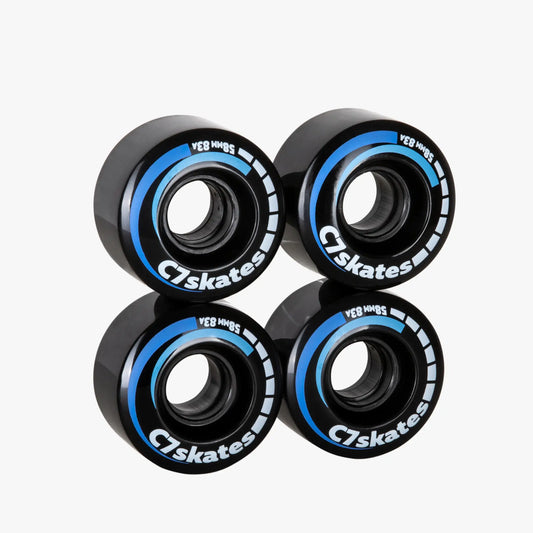 Four black and blue C7skates wheels on a white background