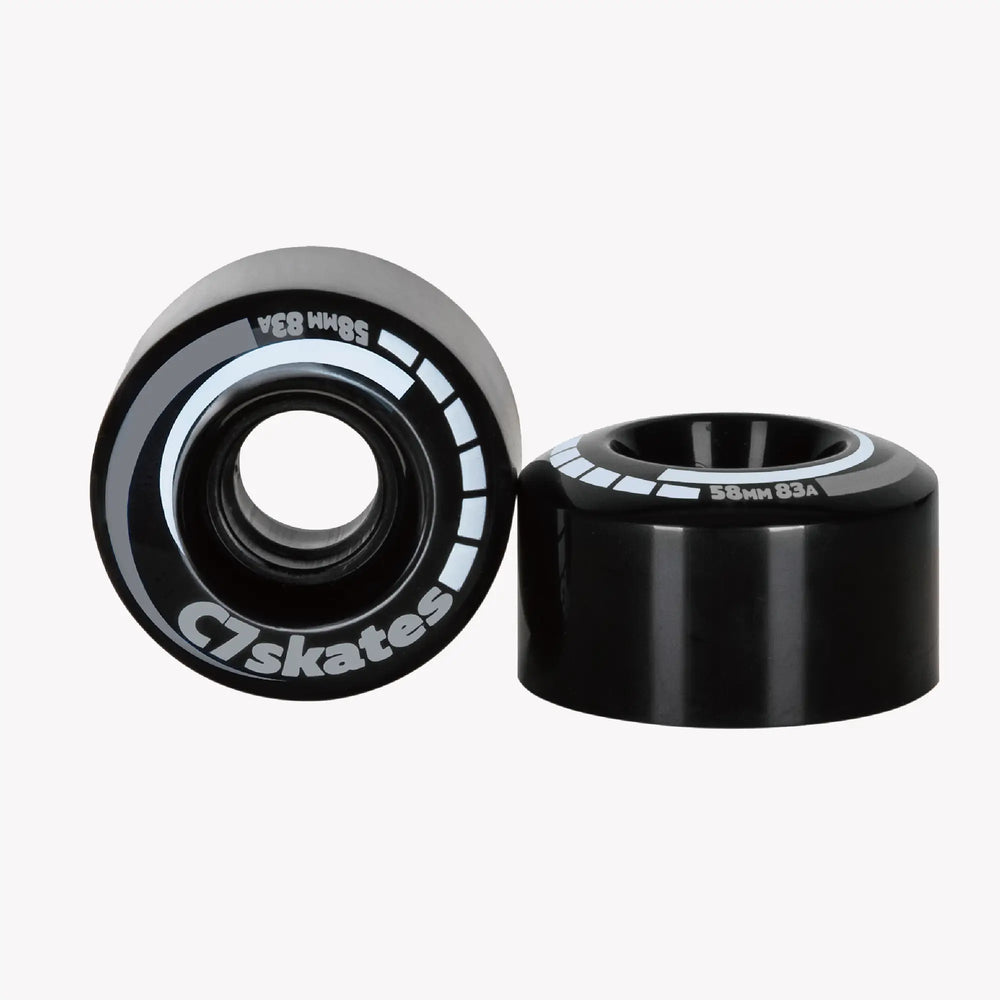 Two roller skate wheels with 'C7 Skates' branding on a white background