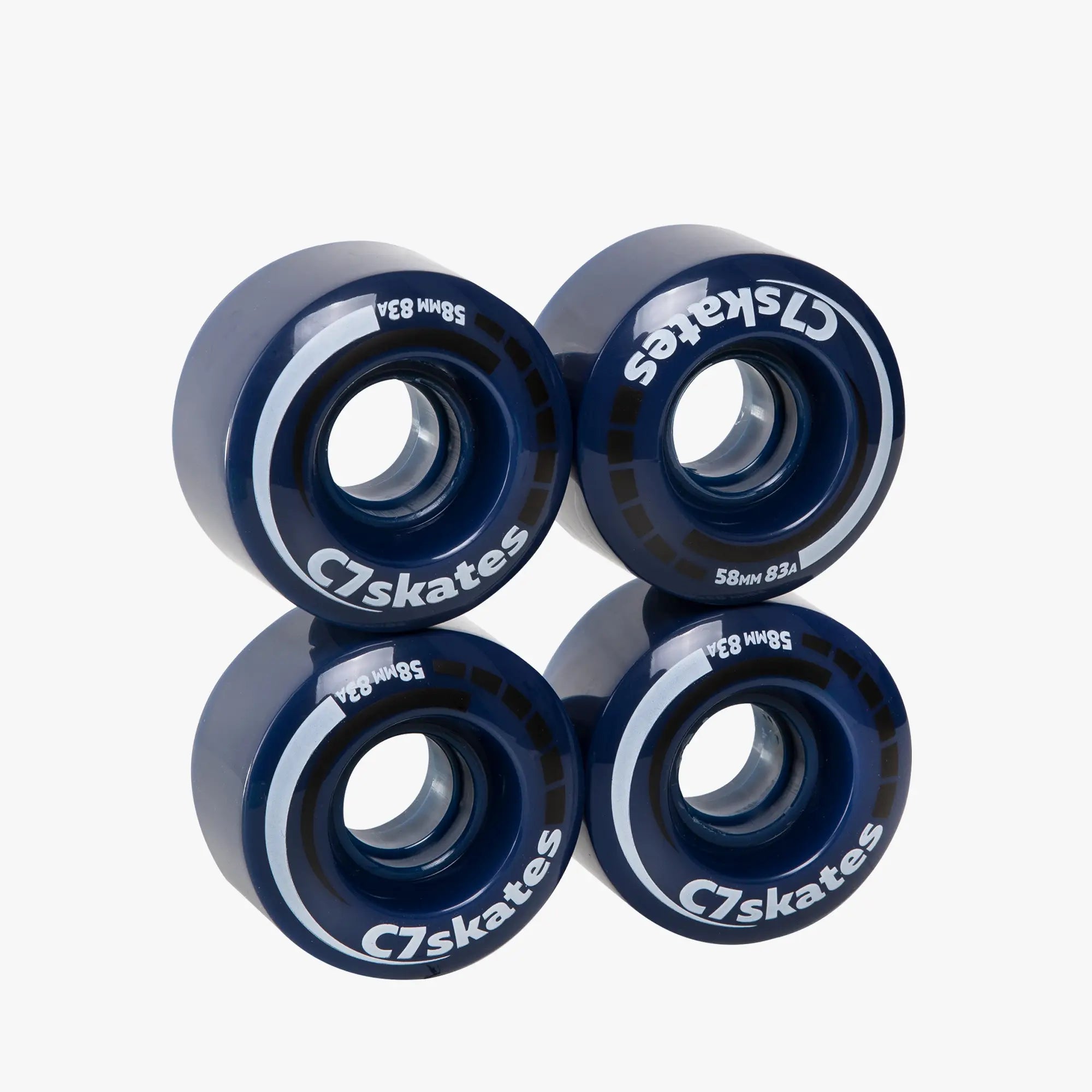Four blue C7skates wheels on a white background
