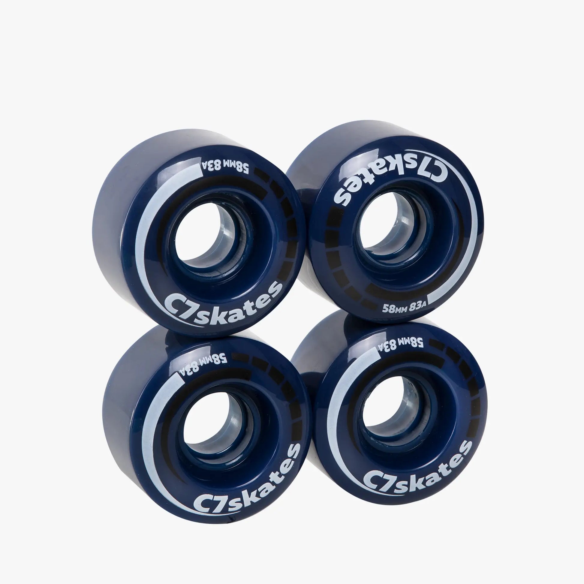 Four blue C7skates wheels on a white background