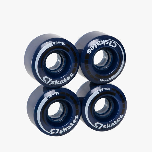 Four blue C7skates wheels on a white background
