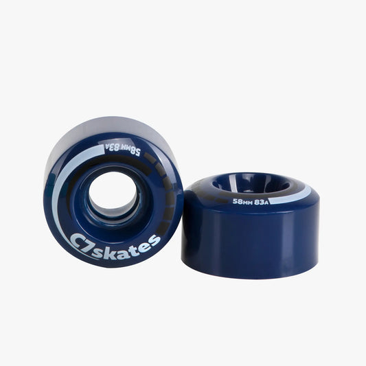 Two blue skates wheels with 'C7 Skates' branding on a white background