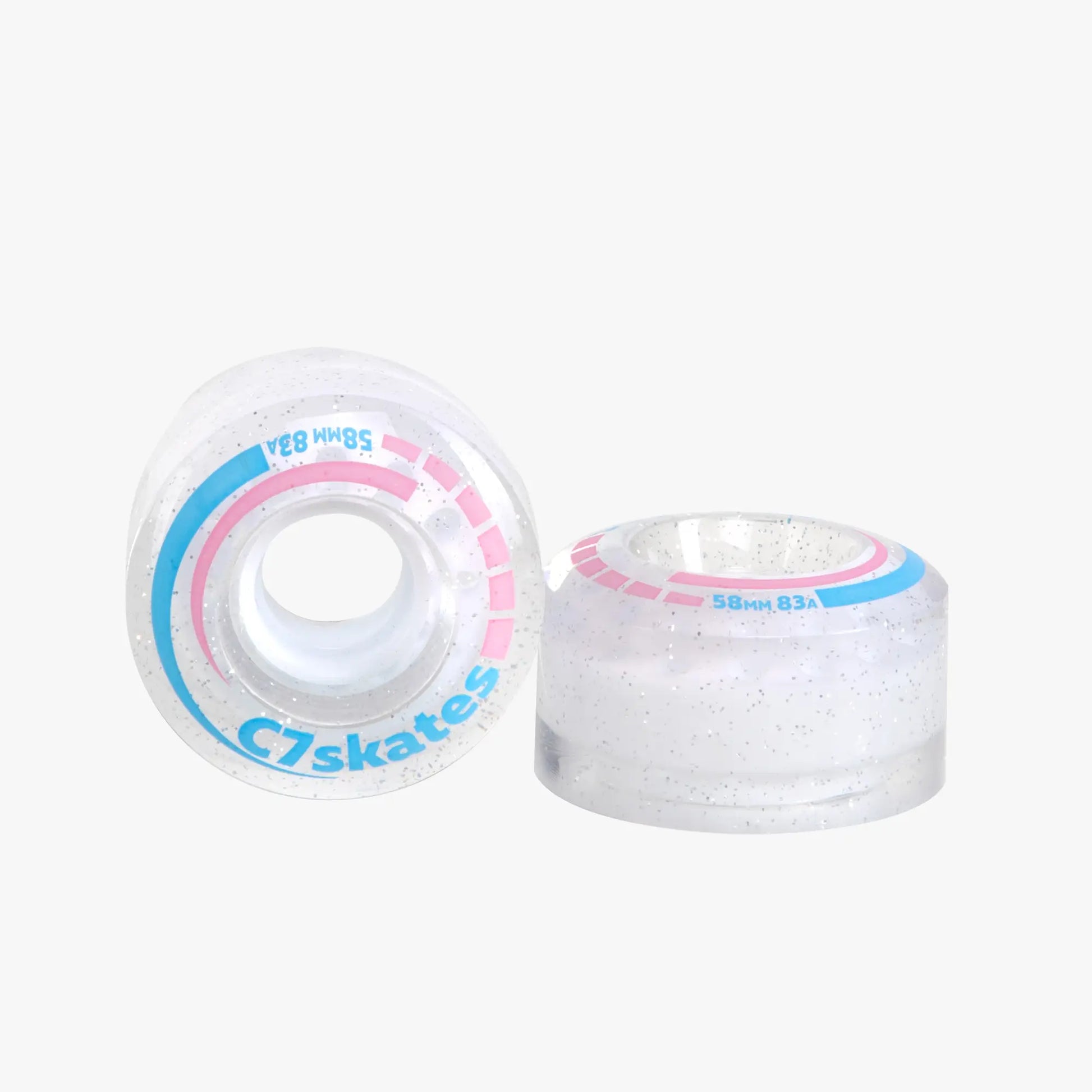 Two clear wheels with pink and blue accents on a white background