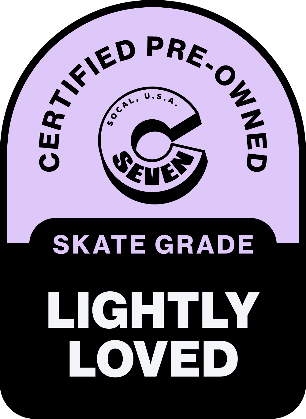 Certified pre-owned skateboard grade label with 'Lightly Loved' text on a black and purple background.