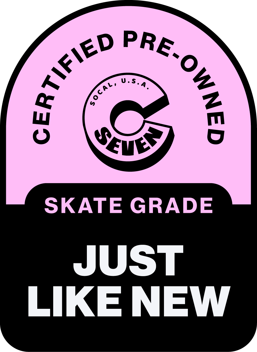 Certified pre-owned skate grade logo with pink and black design