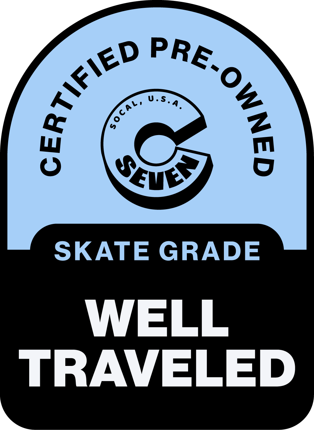 Certified pre-owned skateboard grade label with 'Well Traveled' text on a blue and black background.