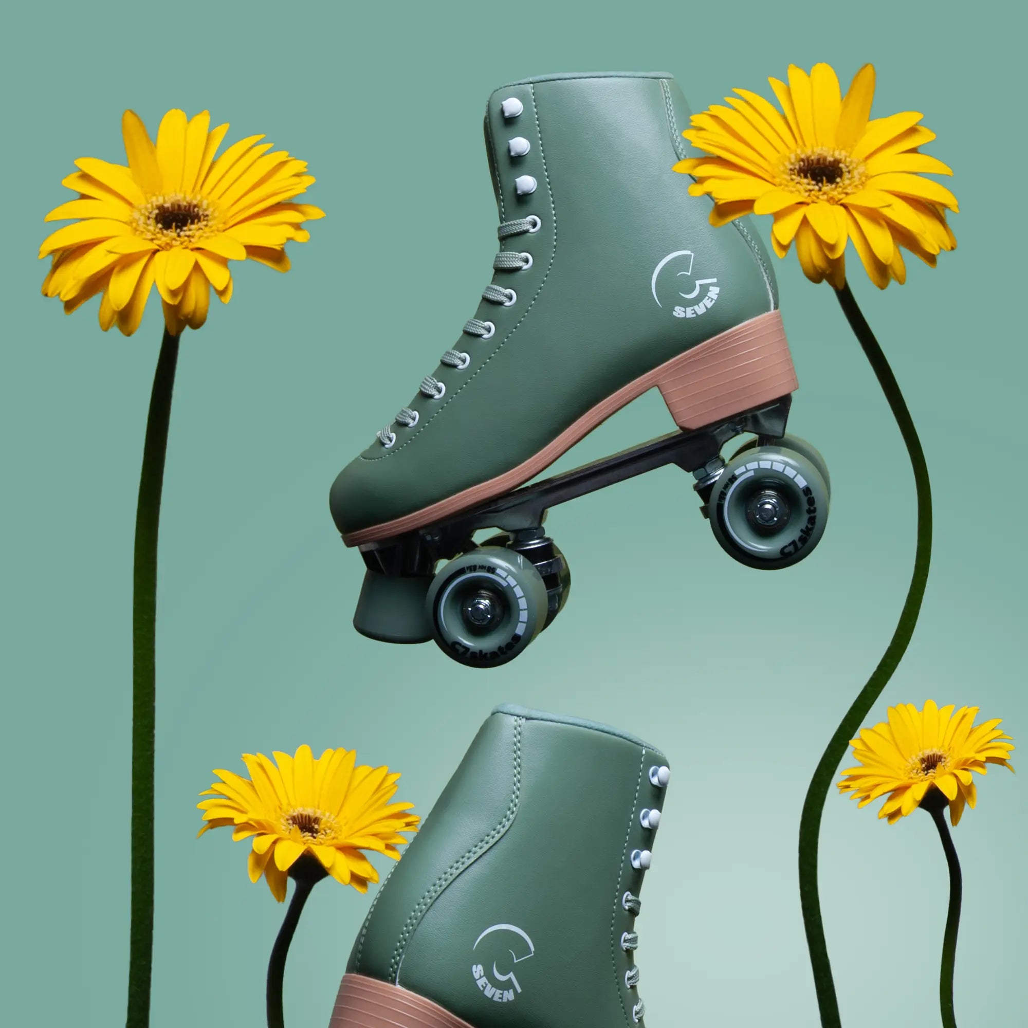 Green roller skates with brown soles featuring the brand 'C7Skates' surrounded by yellow flowers on a light green background