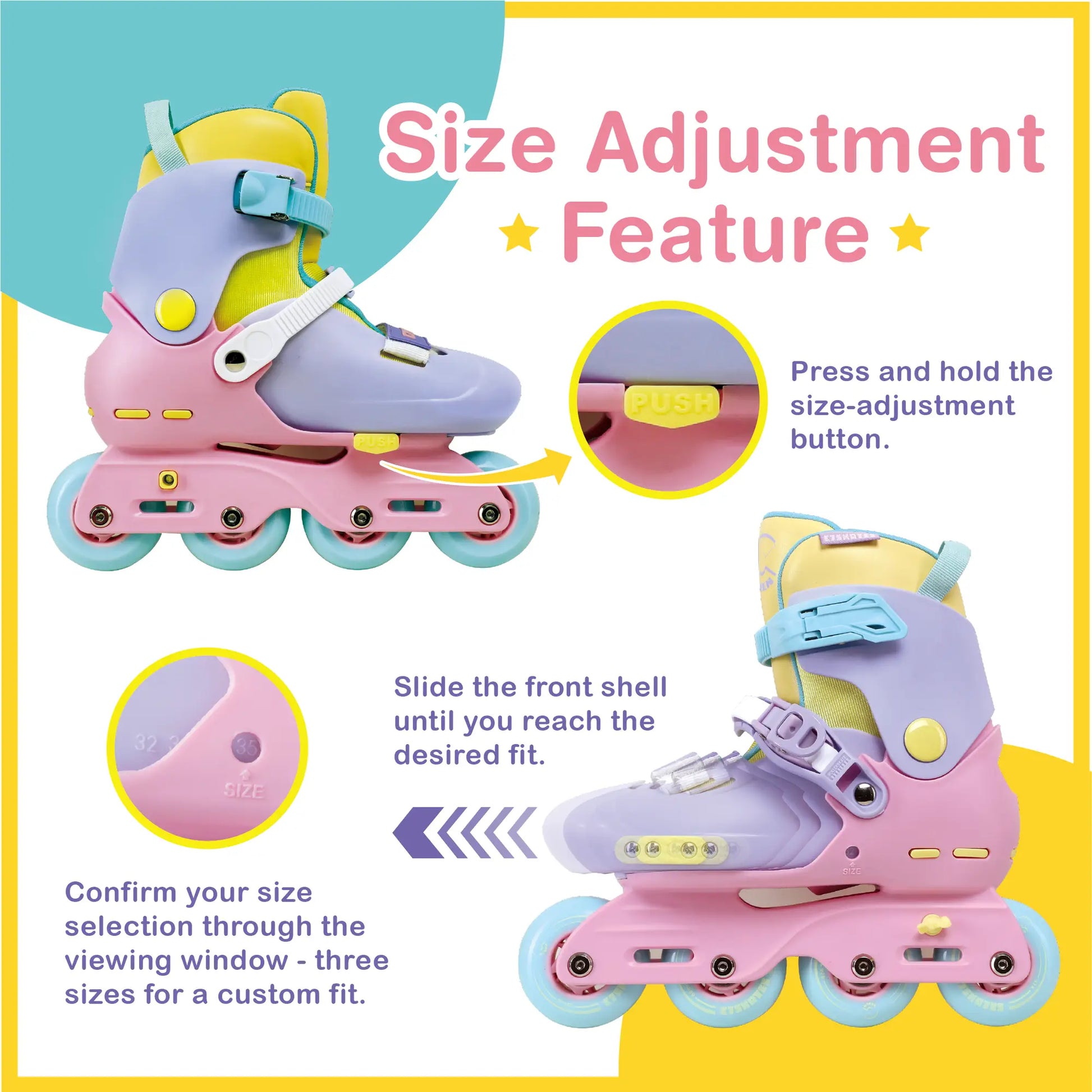 Pink and yellow roller skates with size adjustment feature on a colorful background