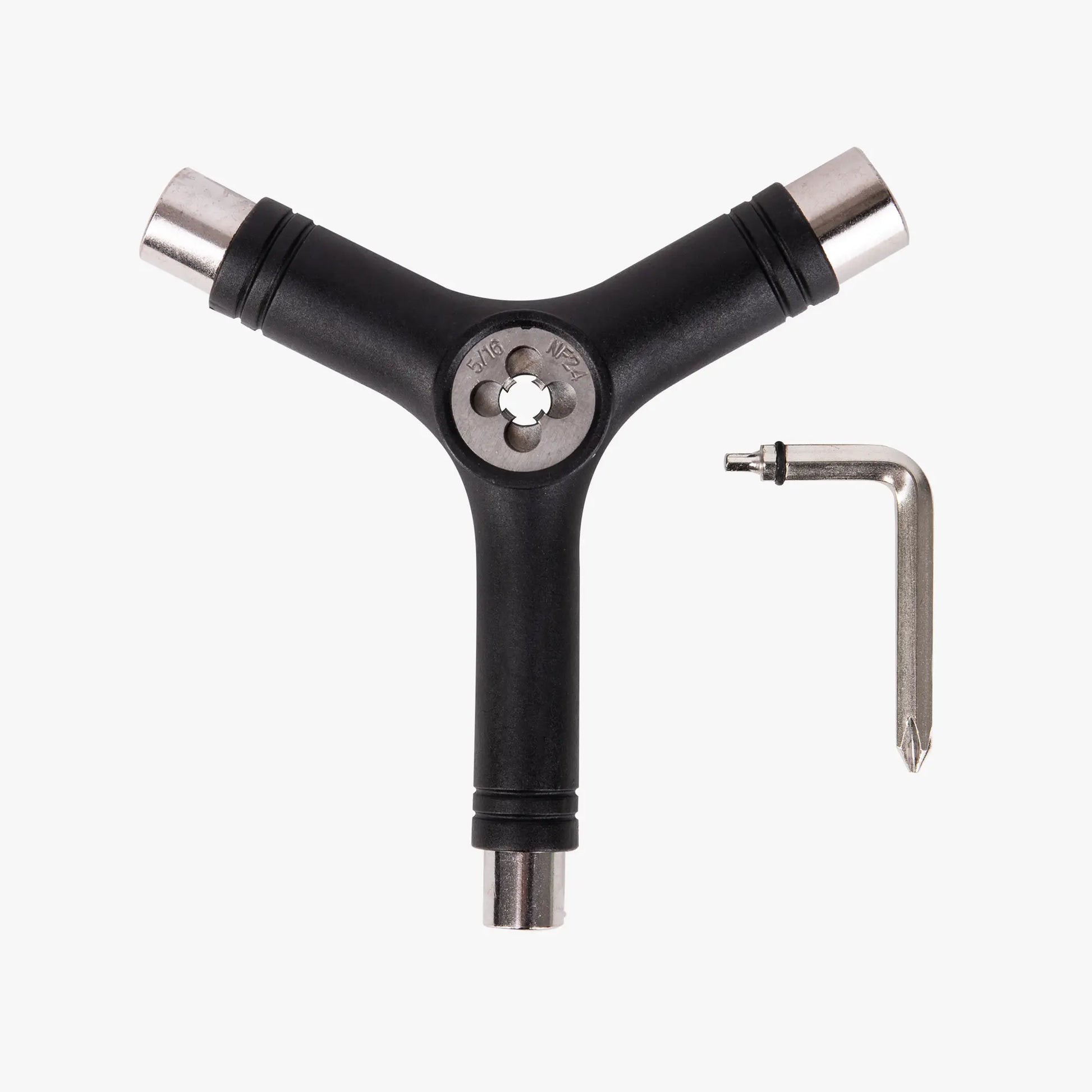 Black Y-shaped tool with a silver hex key on a white background