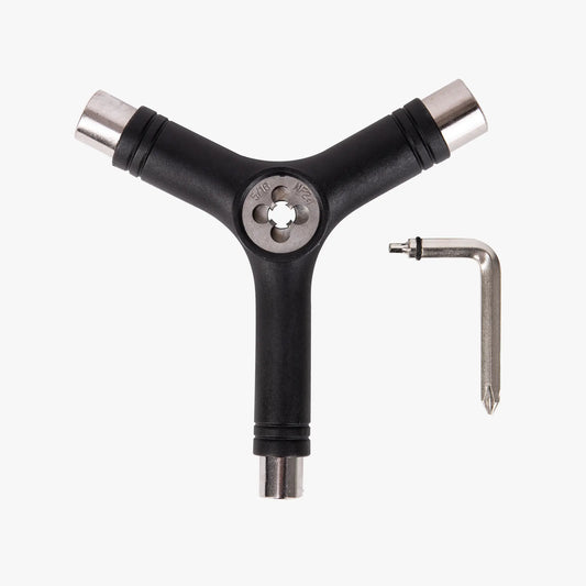 Black Y-shaped tool with a silver hex key on a white background