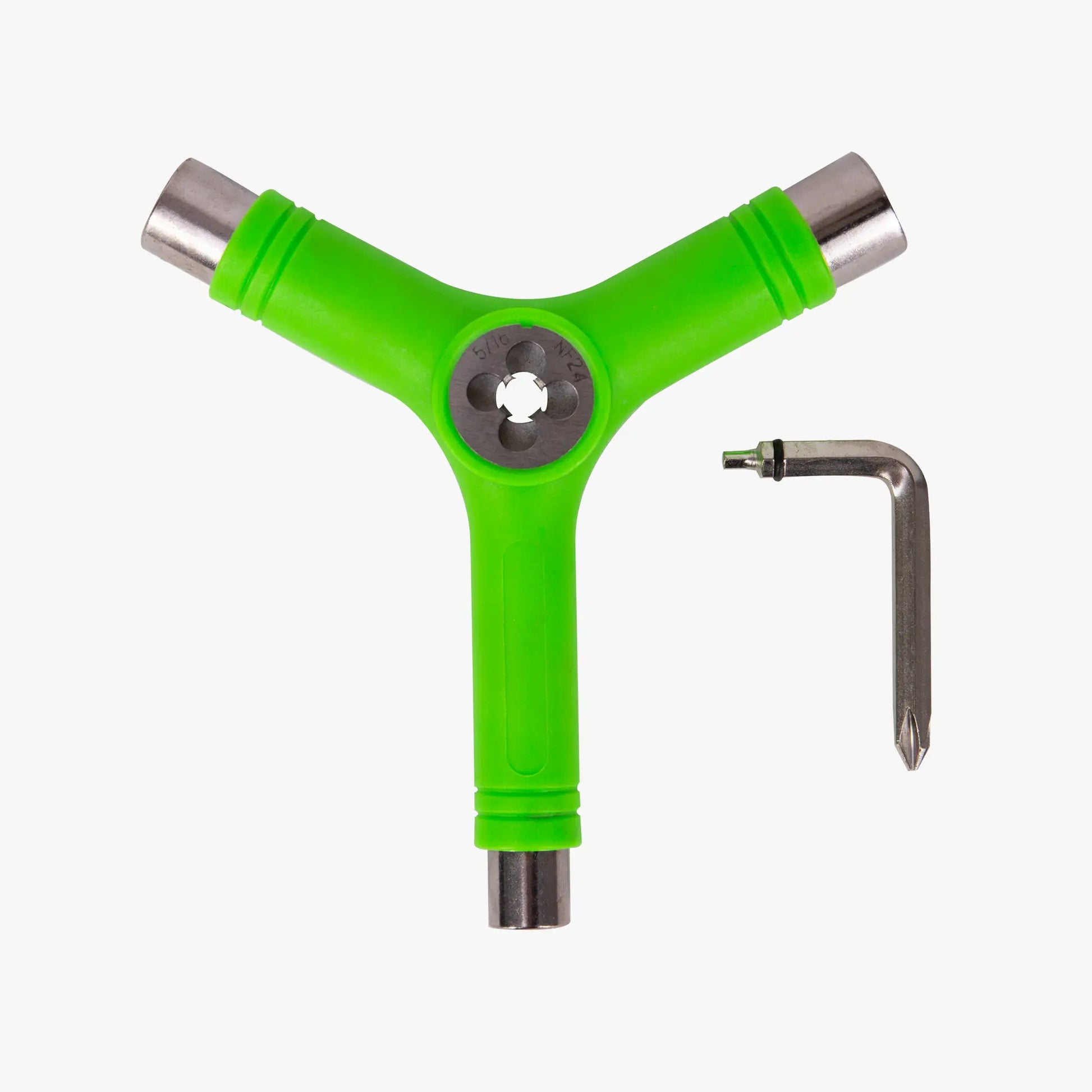 Green multi-tool with Y-shaped design on a white background
