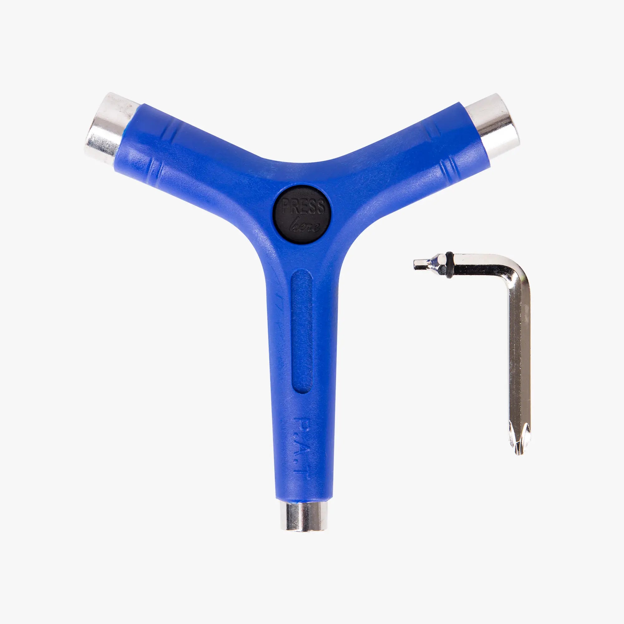 Blue Y-shaped tool with a black center and silver ends on a white background