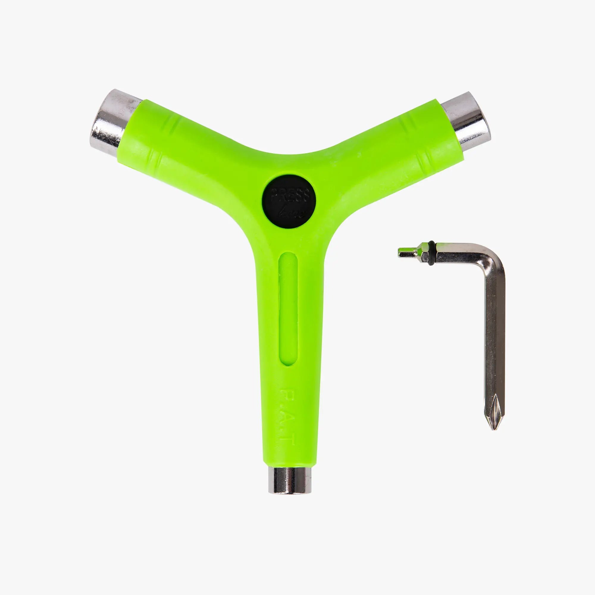 Green Y-shaped tool with a black center and silver ends on a white background