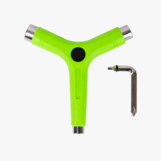 Green Y-shaped tool with a black center and silver ends on a white background