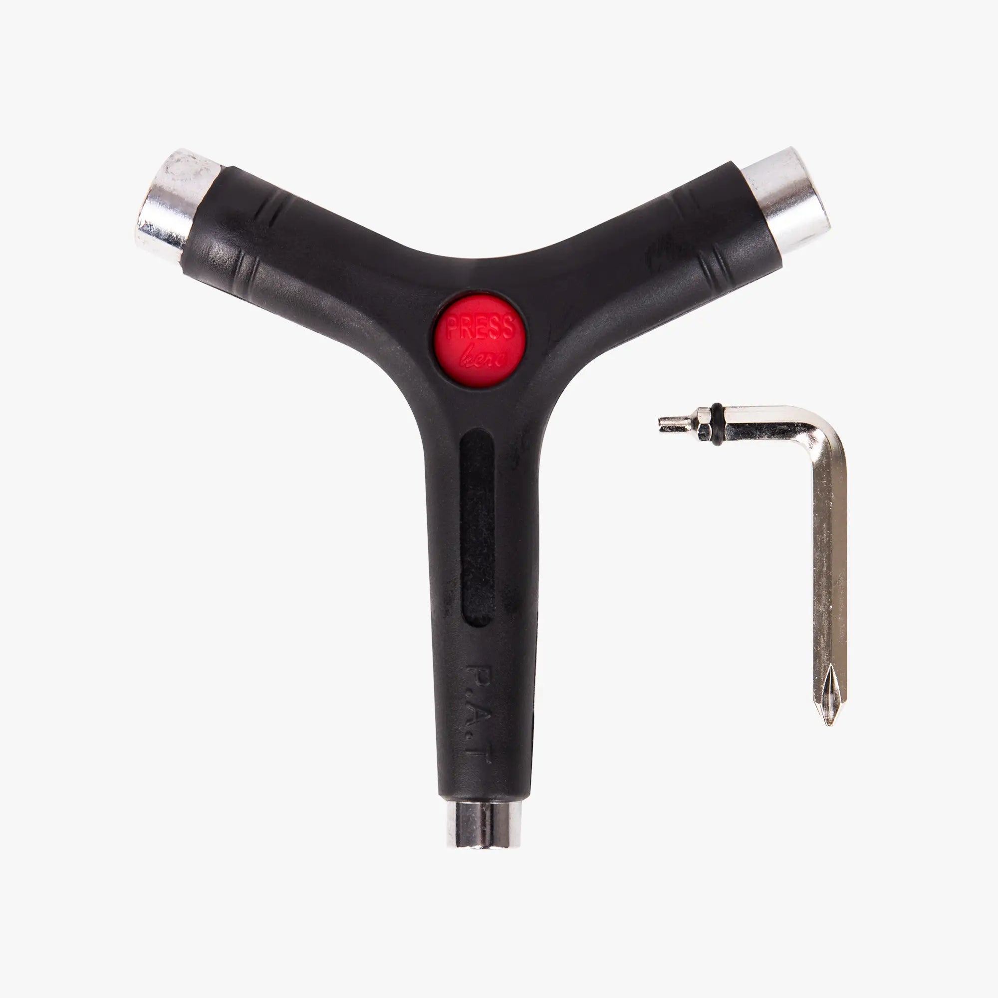 Multitool with Y-shaped design, red button, and additional tool on a white background
