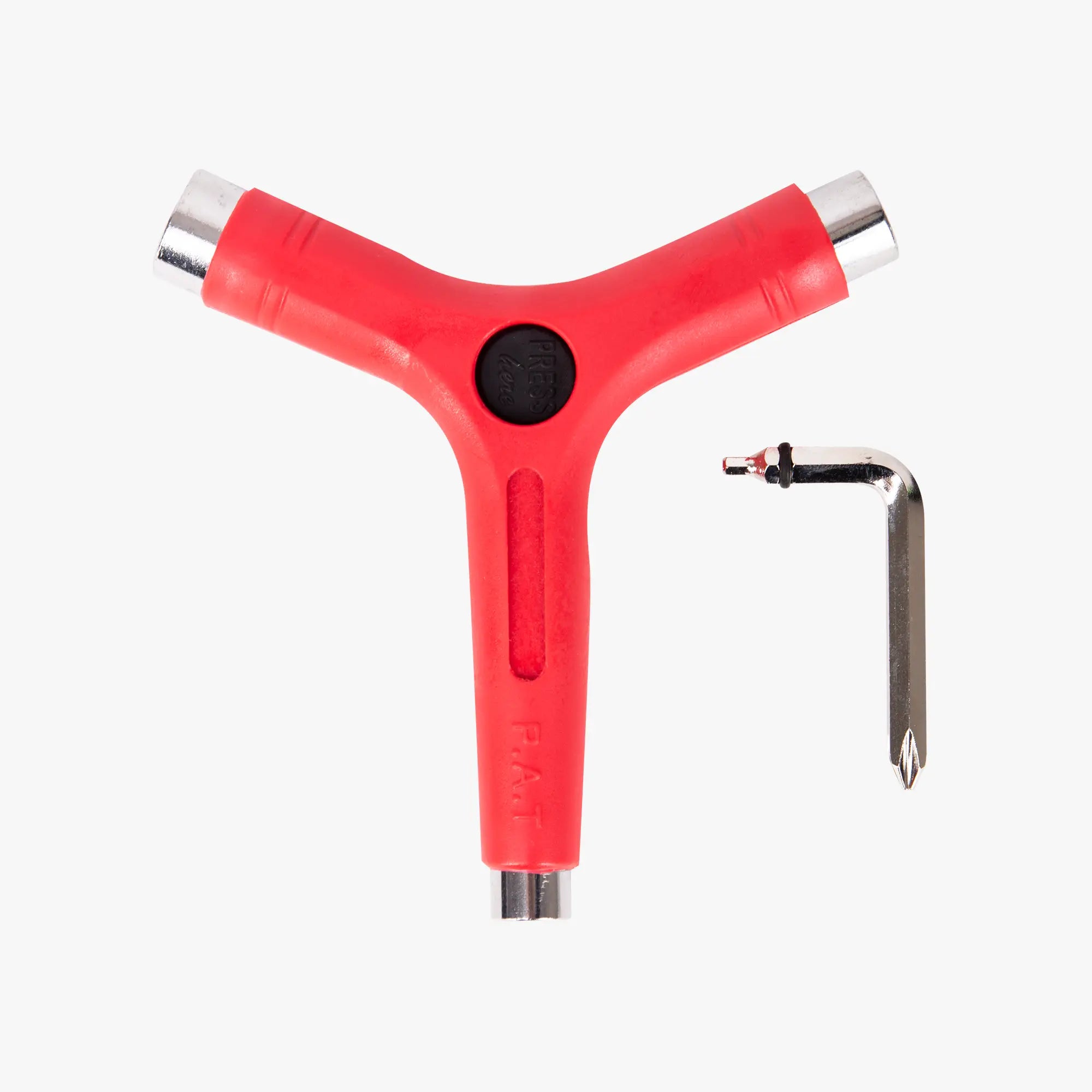 Red Y-shaped tool with multiple attachments on a white background