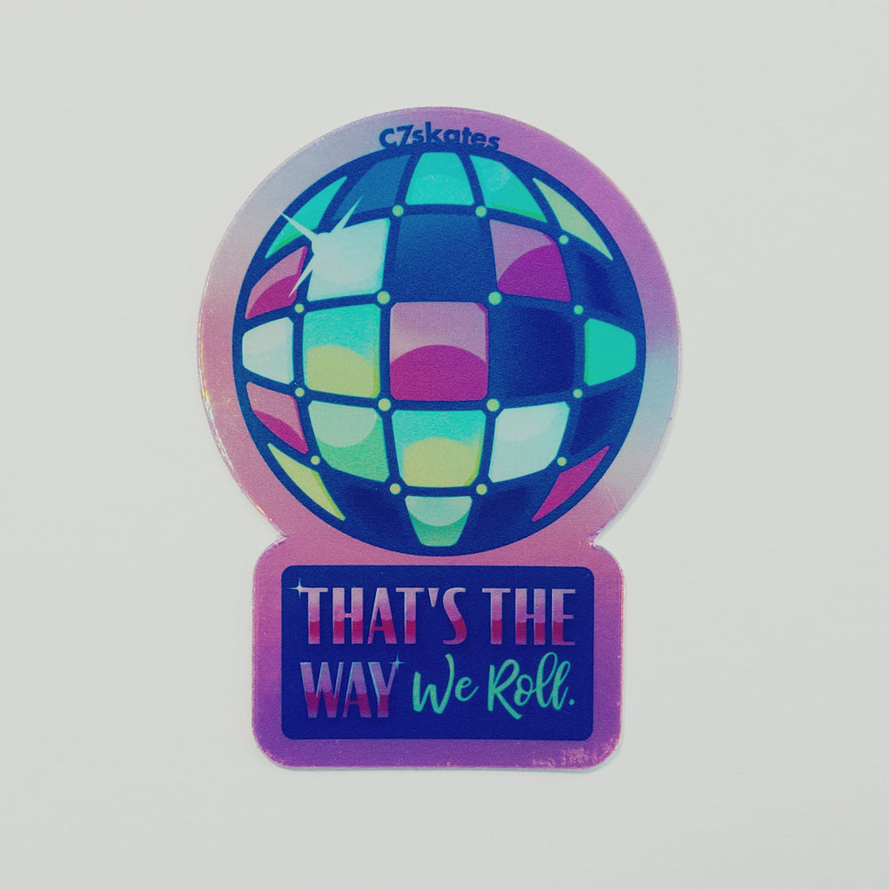 C7skates Disco Ball decorative sticker with green, blue and pink details: 2.18 x 3-inches in a holographic finish print. 