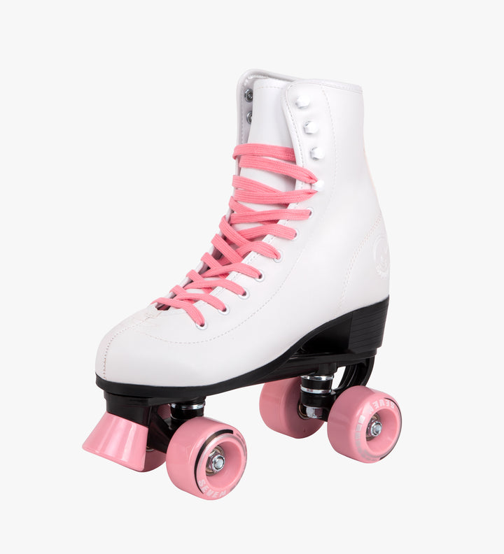 retro white roller skates with candy pink laces and wheels