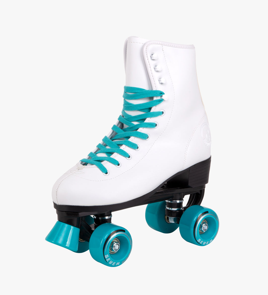 retro white quad roller skates with teal laces and wheels