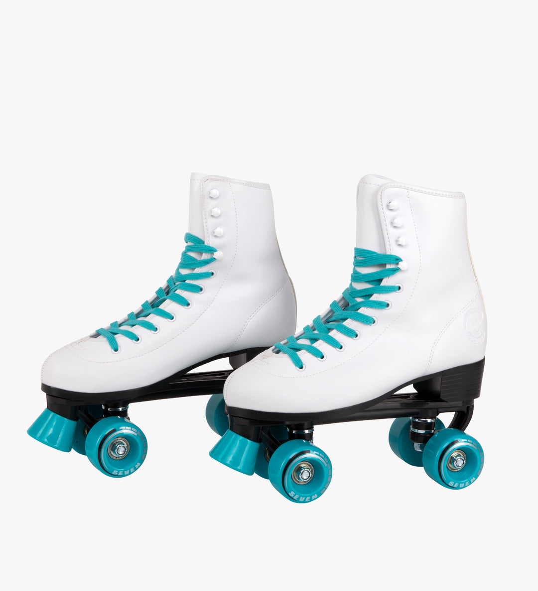 retro white quad roller skates with teal laces and wheels