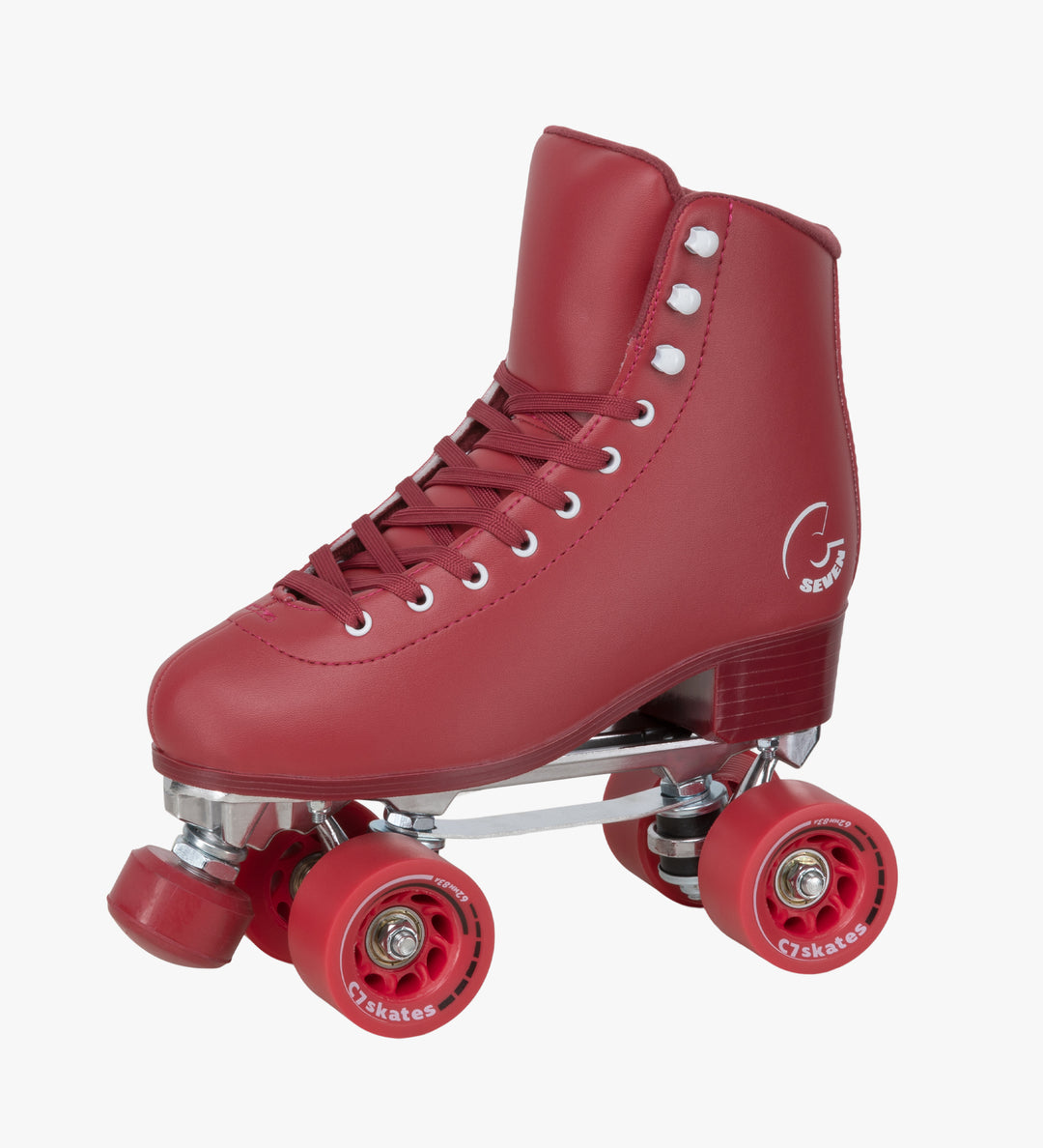 Cherrypop Quad Skates are dark red monochrome roller skates with removable toe stops, 62mm 83A wheels and a structured boot. 