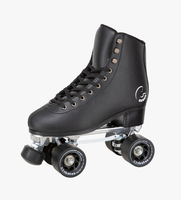 C7 Femme Fatale Quad Skates are made with black vegan leather, removable toe stops, 62mm 83A wheels and a structured boot. 