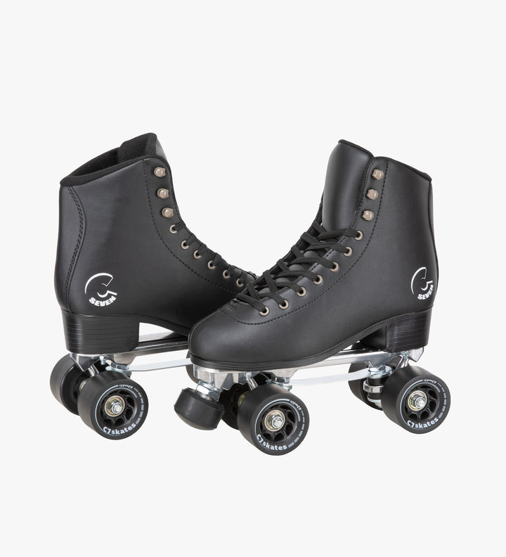C7 Femme Fatale Quad Skates are made with black vegan leather, removable toe stops, 62mm 83A wheels and a structured boot. 