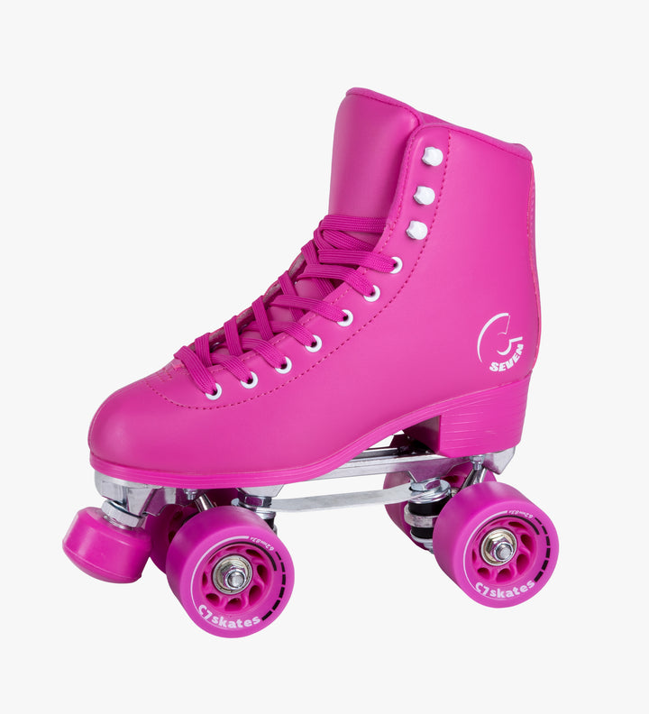 The deep pink Moon Rose Quad Skates feature removable toe stops, 62mm 83A wheels and a structured boot. 