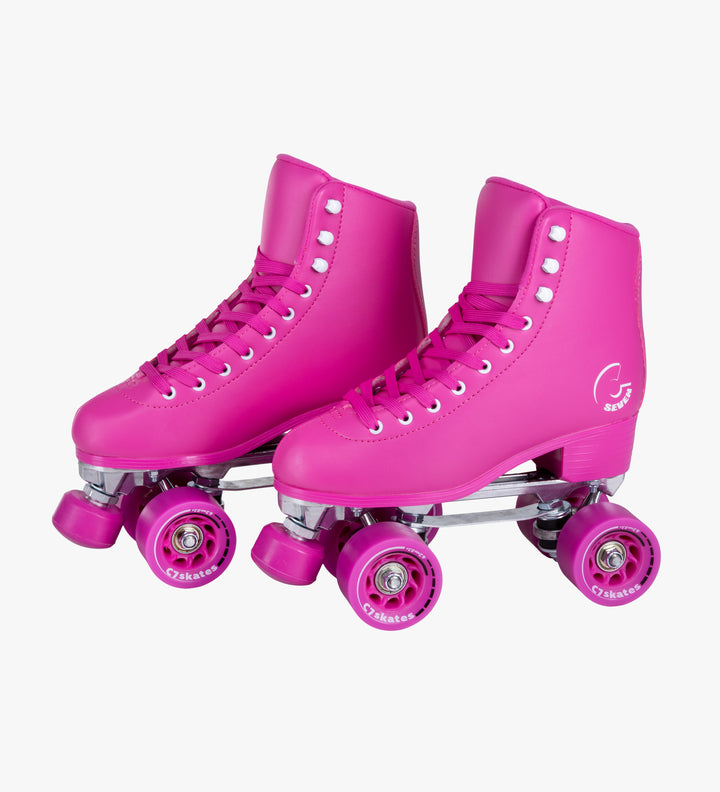 The deep pink Moon Rose Quad Skates feature removable toe stops, 62mm 83A wheels and a structured boot. 