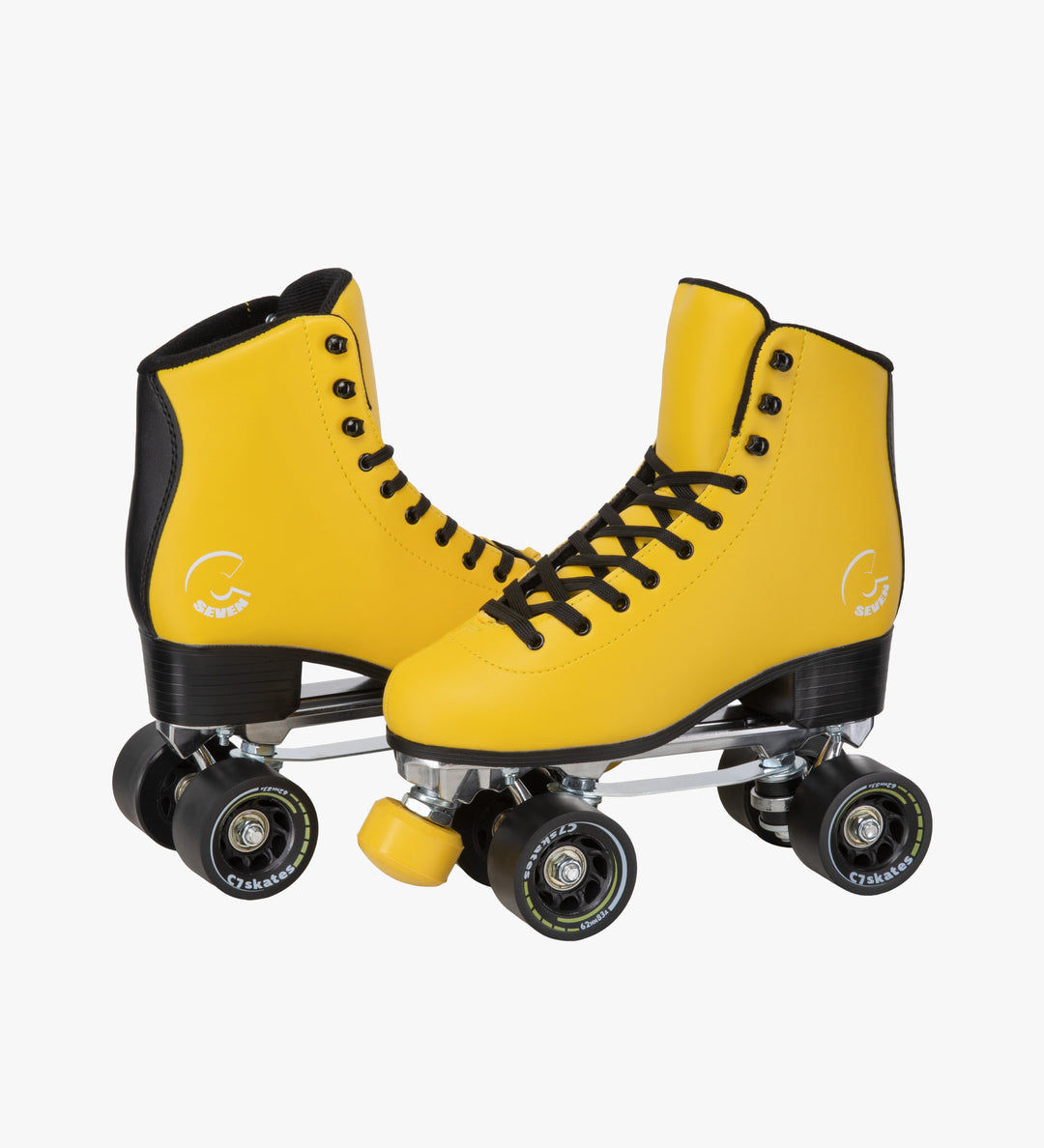 The C7skates Queen Bee Quad Skates feature a black and yellow color, removable toe stops, 62mm wheels and a structured boot. 