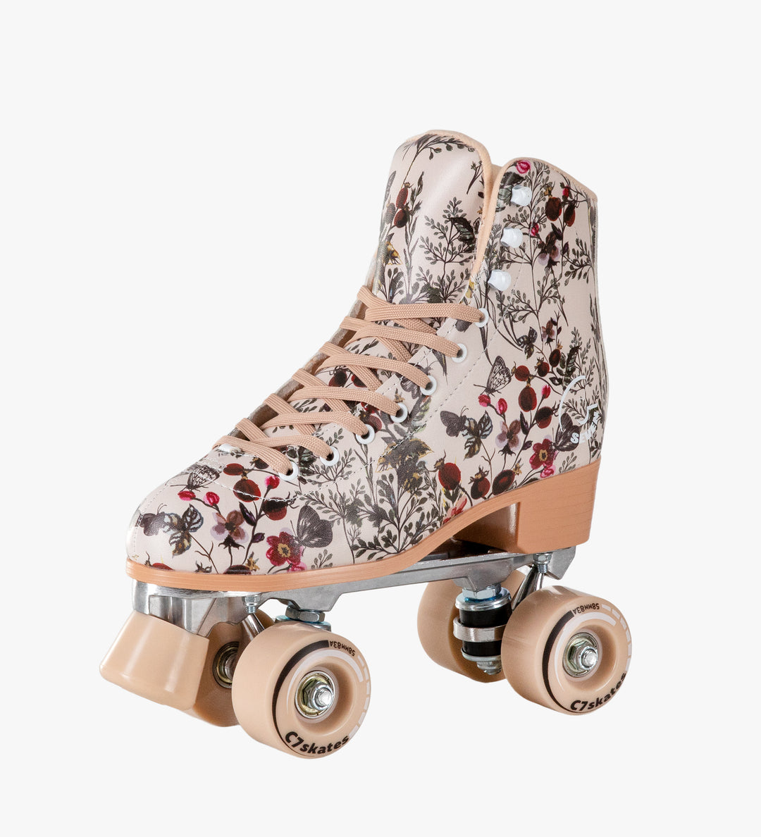 cream floral print butterflies quad roller skates with removable toe stops, 58mm 83A wheels and structured boot