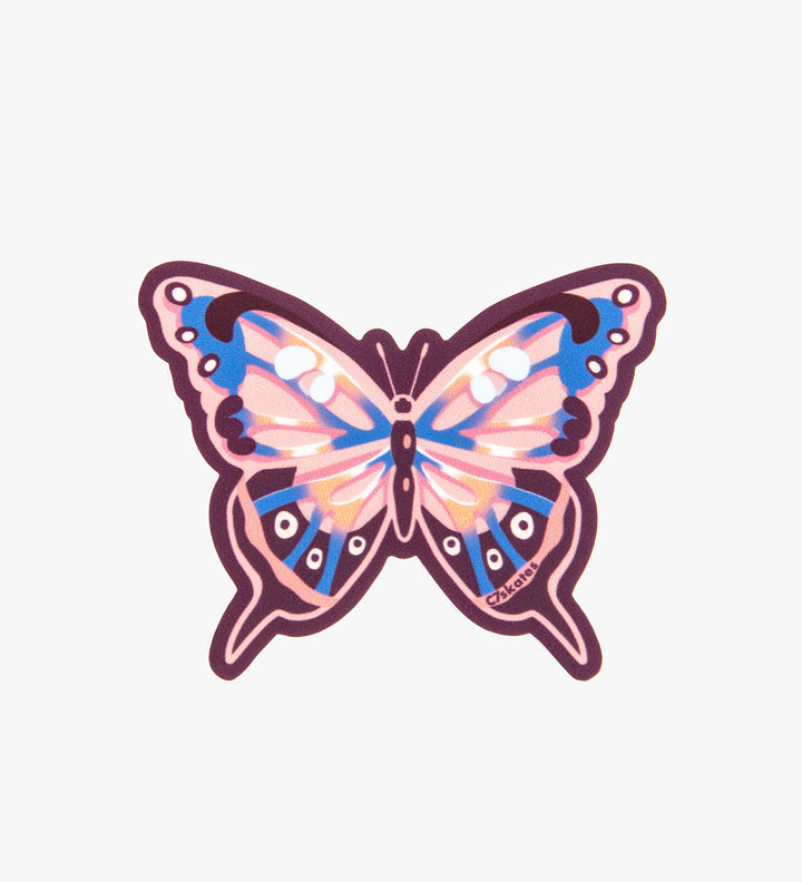 C7skates butterfly decorative sticker with moody mauve, peach and blue details: 3 x 2.39-inches in a matte finish print. 