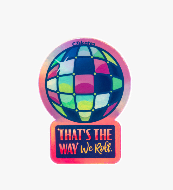 C7skates Disco Ball decorative sticker with green, blue and pink details: 2.18 x 3-inches in a holographic finish print. 