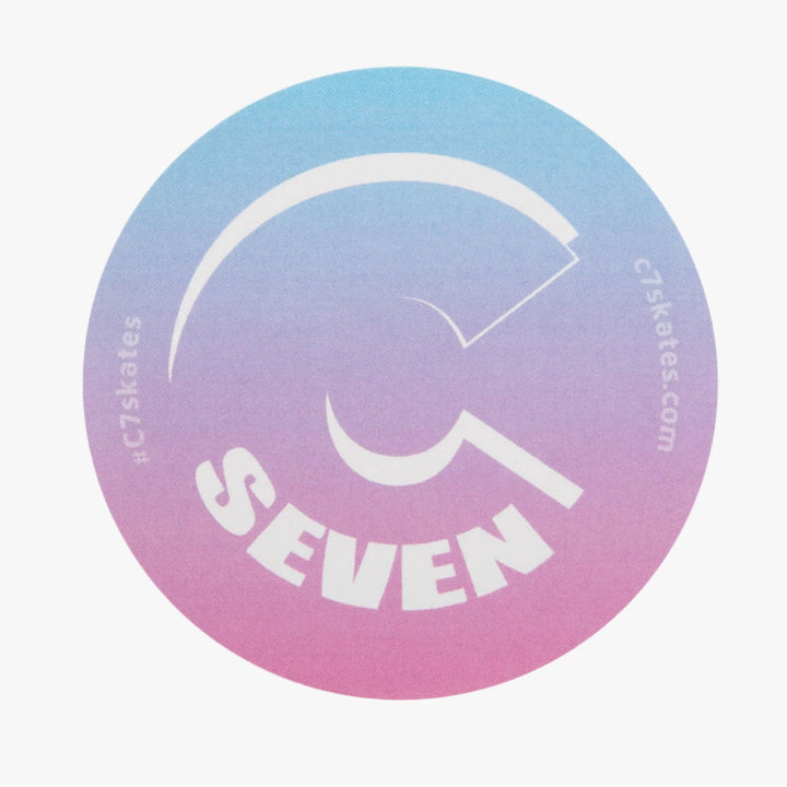 C7skates logo decorative sticker on gradient blue and pink background: 3 x 3-inches in a glossy finish print. 
