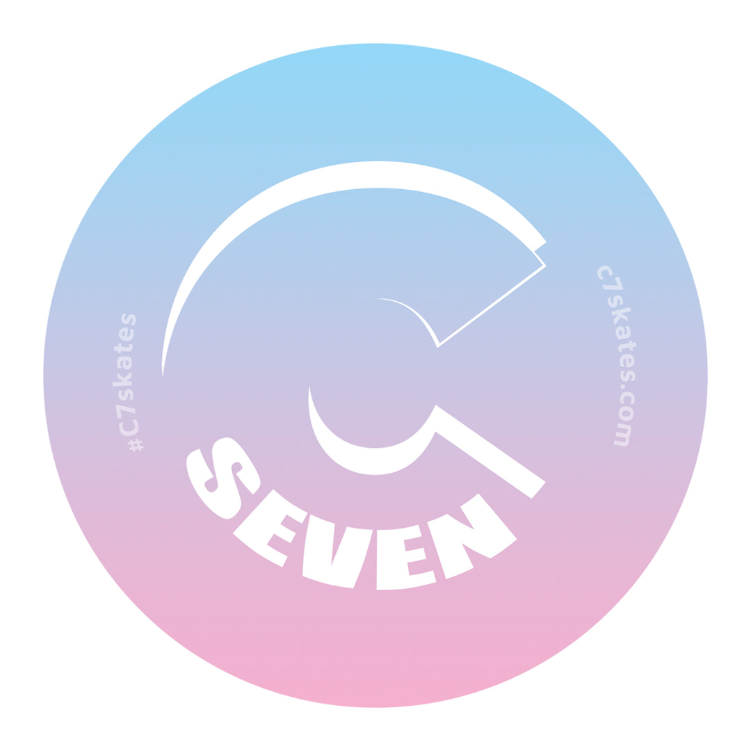 C7skates logo decorative sticker on gradient blue and pink background: 3 x 3-inches in a glossy finish print. 