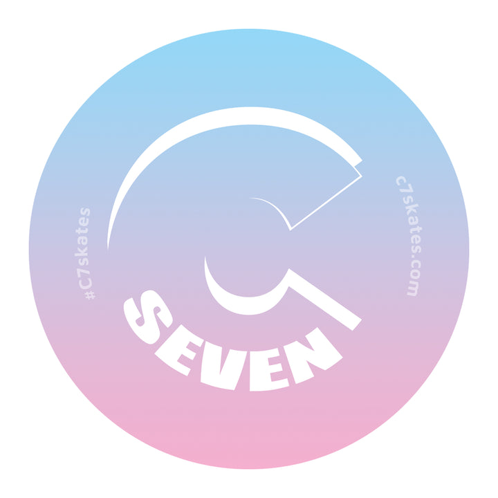 C7skates logo decorative sticker on gradient blue and pink background: 3 x 3-inches in a glossy finish print. 