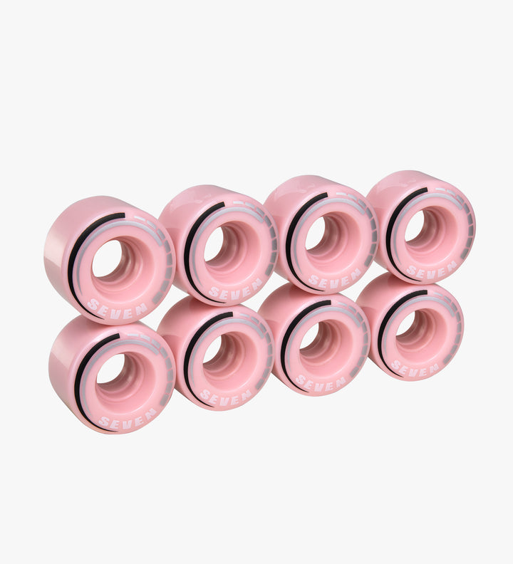 Candy pink C7 roller skate wheels made from durable 82A polyurethane with a 58 mm diameter and 32 mm width