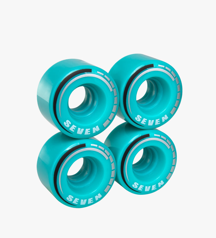 Teal C7 roller skate wheels made from durable 82A polyurethane with a 58 mm diameter and 32 mm width