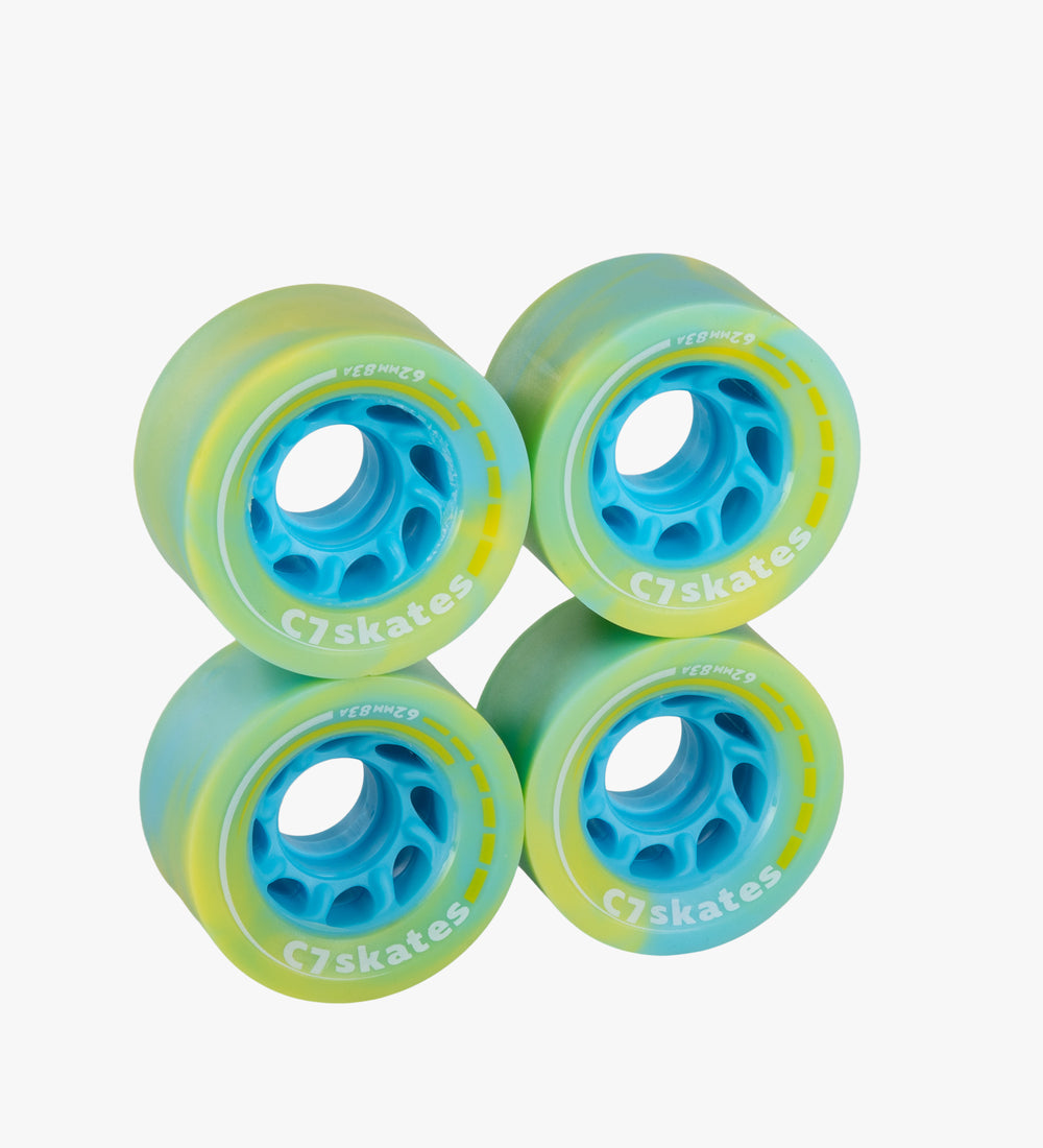 C7skates Lucid Swirl blue green 62mm roller skate wheels made from durable 83A polyurethane 